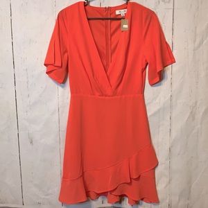 She+Sky V-Neck Faux Wrap Short Flutter Sleeve Coral Shrimp Dress NWT Boutique S